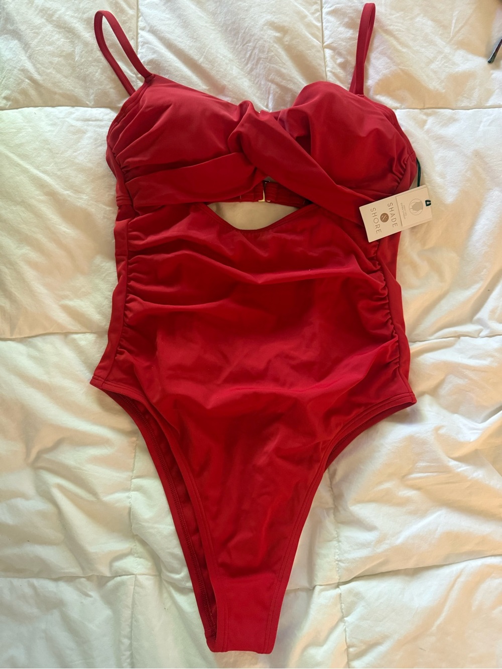 Shade & Shore Red Twist-Front One-Piece Ruched Swimsuit High Leg Extra Cheeky